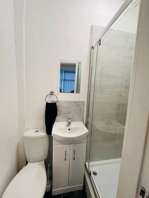 Une petite salle de bain comprenant des toilettes, un lavabo et une douche à parois de verre.
