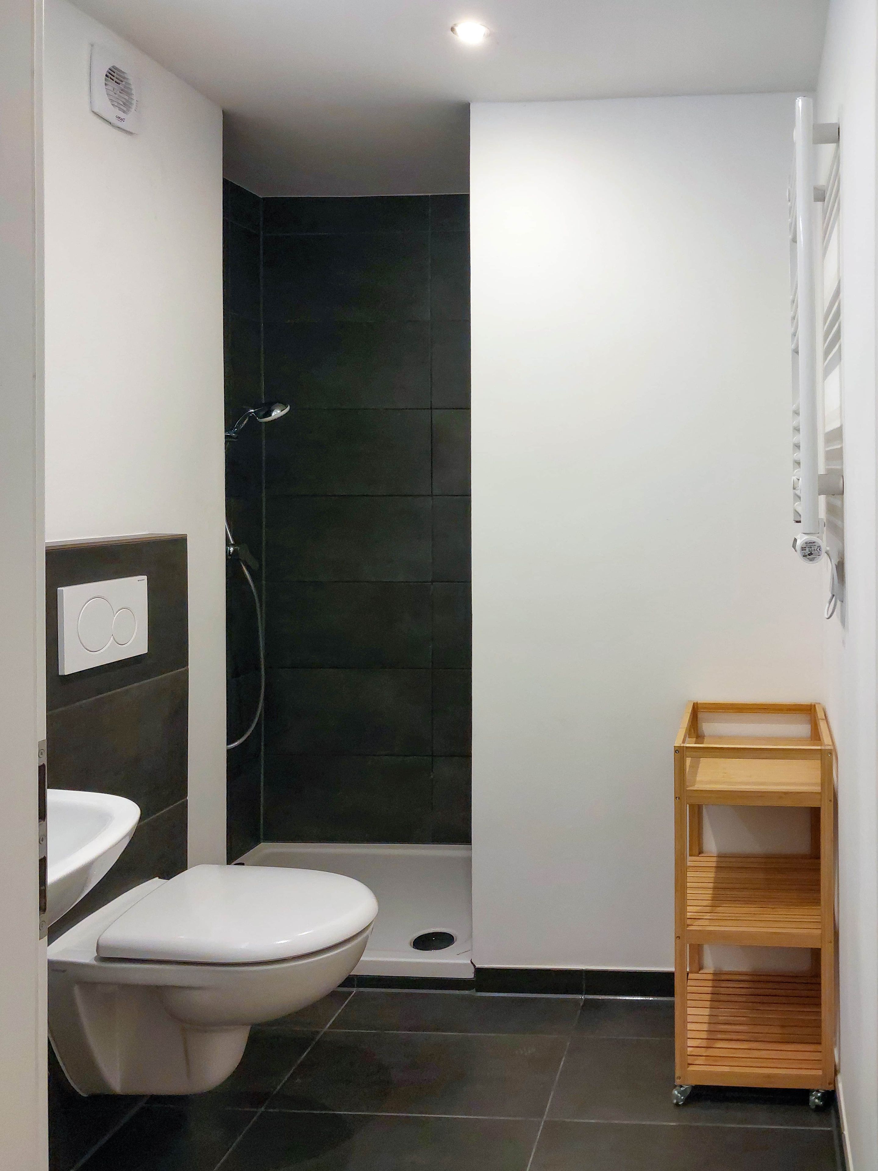 Ein modernes Badezimmer mit Toilette, Dusche und einem Holzregal.