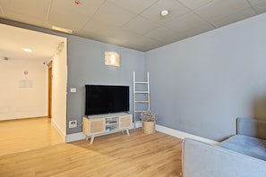 Une pièce avec un téléviseur à écran plat posé sur un meuble en bois, une échelle blanche et un panier en osier contenant des fleurs séchées.