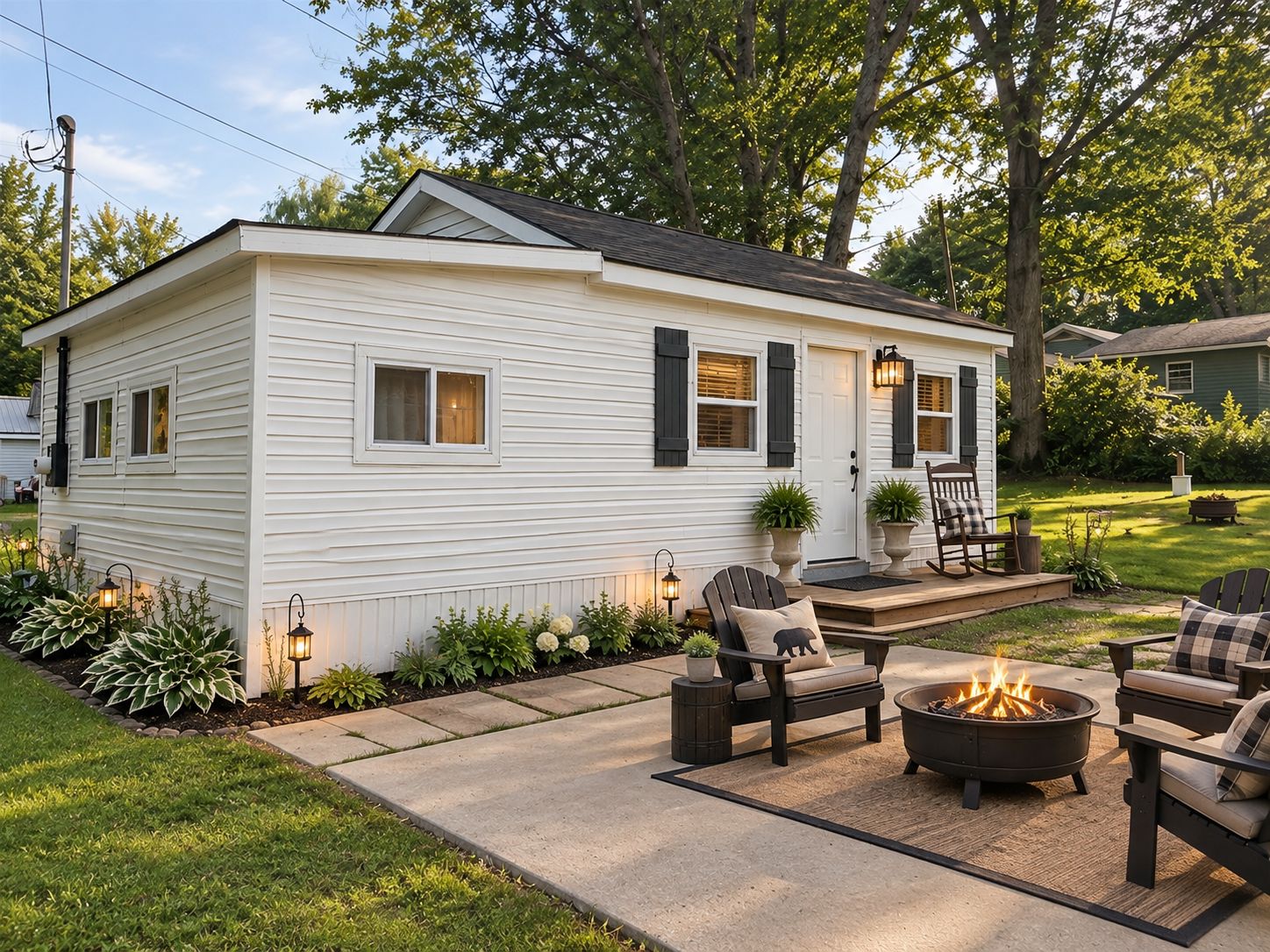 A single-story mobile home with a porch, outdoor seating, and a fire pit.