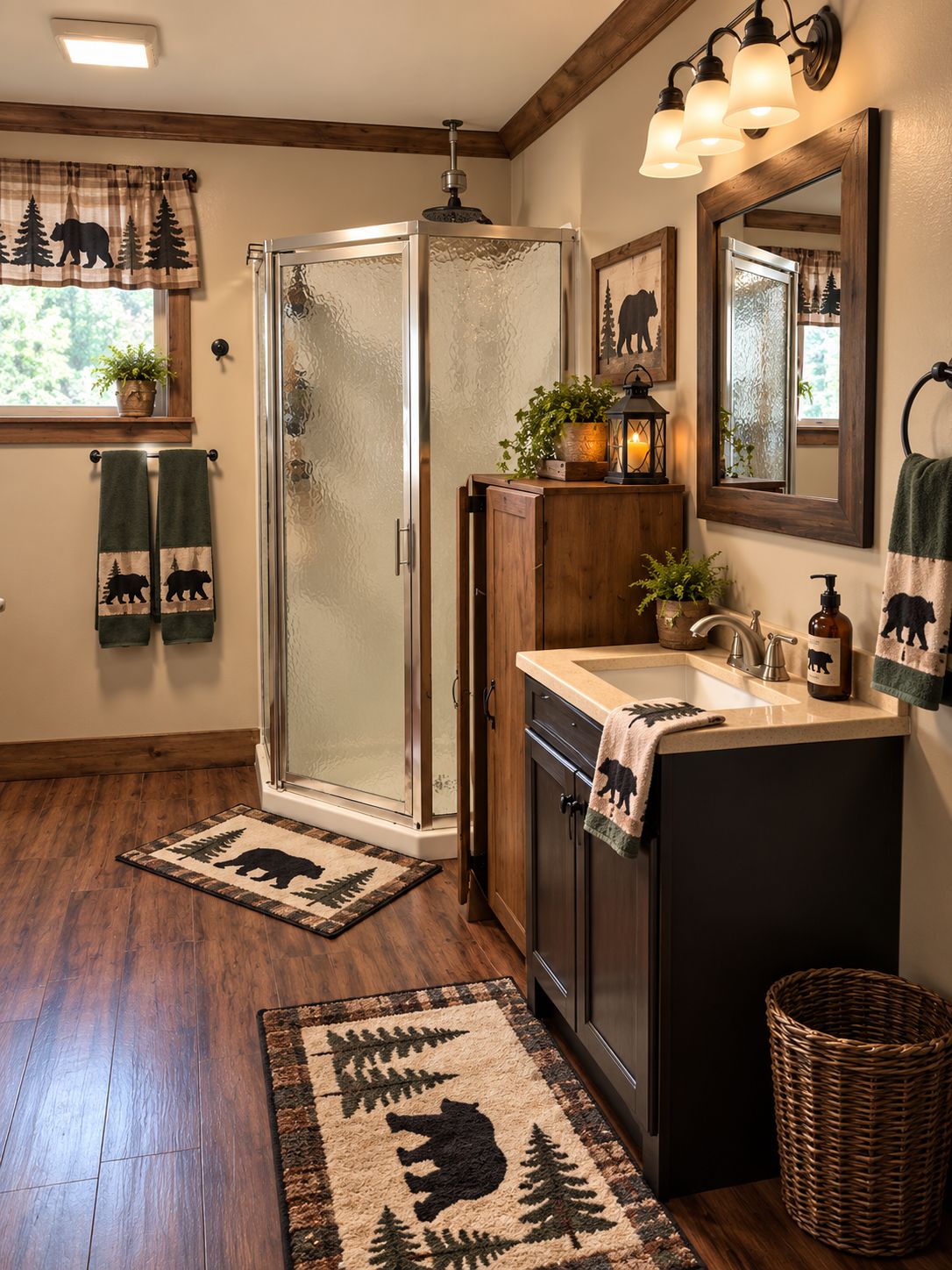 A bathroom with a glass shower enclosure, wooden cabinets, a sink with a mirror, and a towel rack with bear-themed towels.