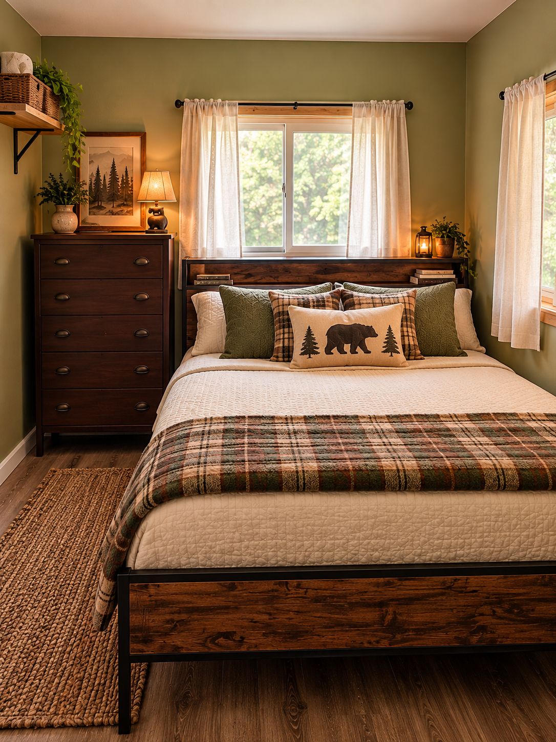A bedroom with a bed, a dresser, a window with curtains, and a nightstand with a lamp.
