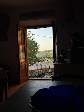 Ein Zimmer mit einer Holztür, die zu einem Balkon mit Metallgeländer führt.