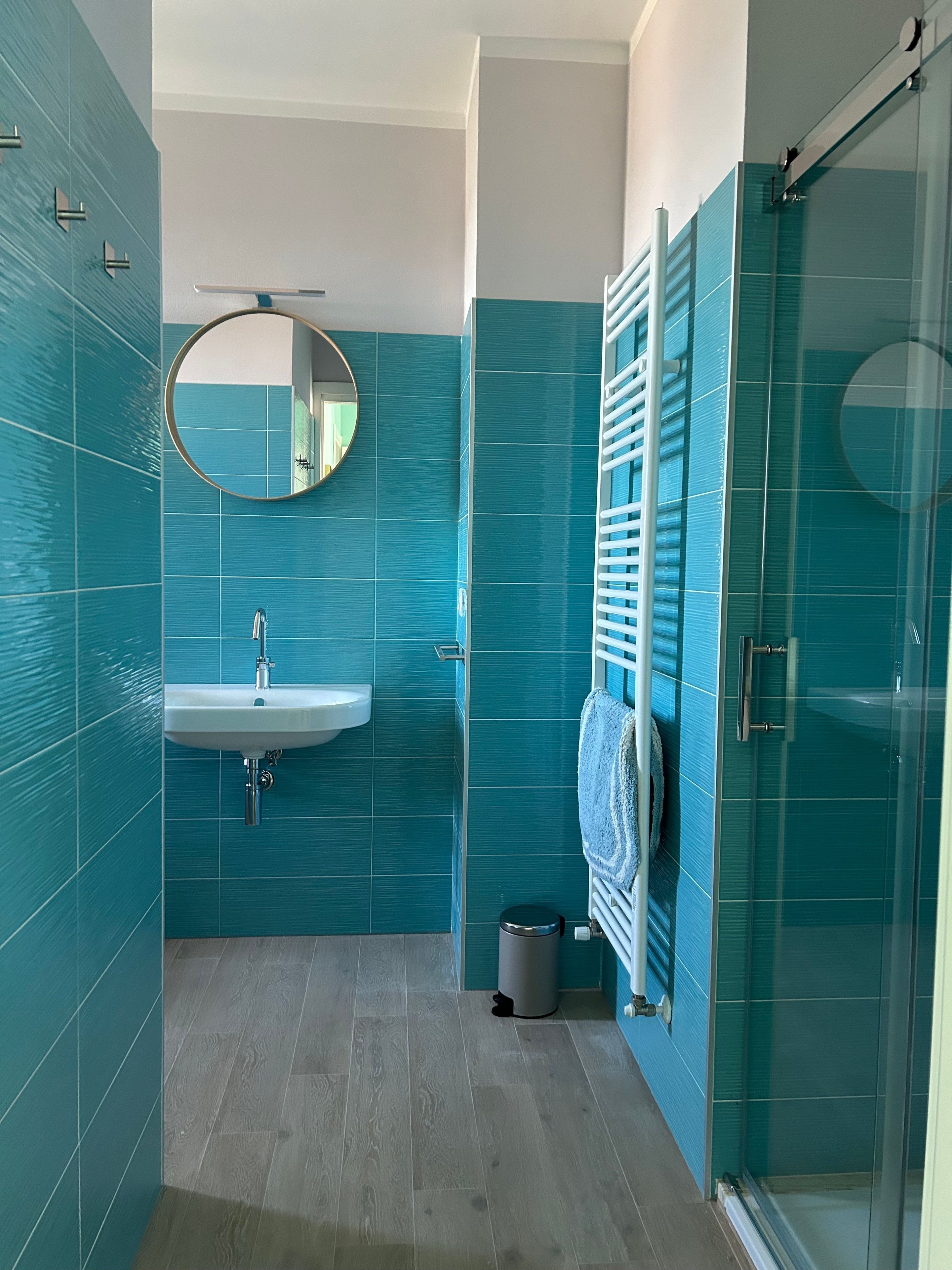 A bathroom with a sink, mirror, towel rack, and shower area.