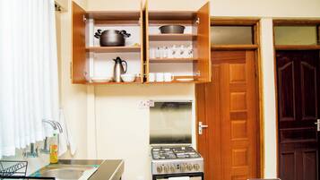 A kitchen with an open pantry, a stove, and a sink.