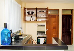 Una cocina compacta con estufa a gas, horno empotrado y un mueble de madera sobre el lavabo.