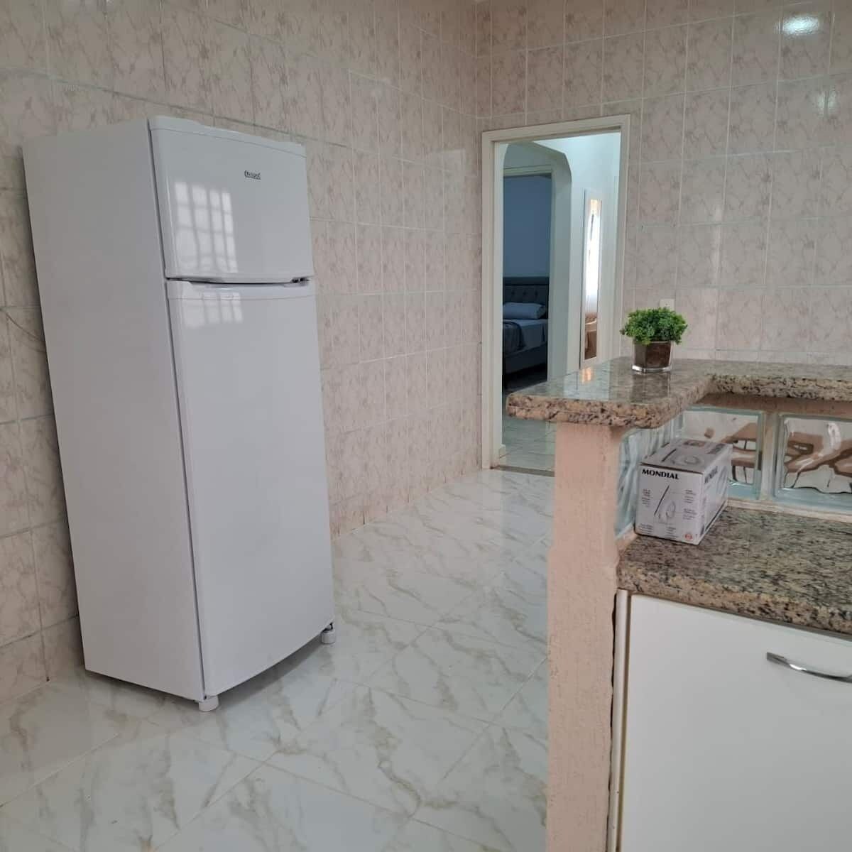 A kitchen with a white refrigerator, a countertop with a plant, and a door leading to another room.