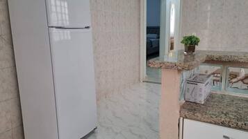 A kitchen with a white refrigerator, a countertop with a plant, and a door leading to another room.