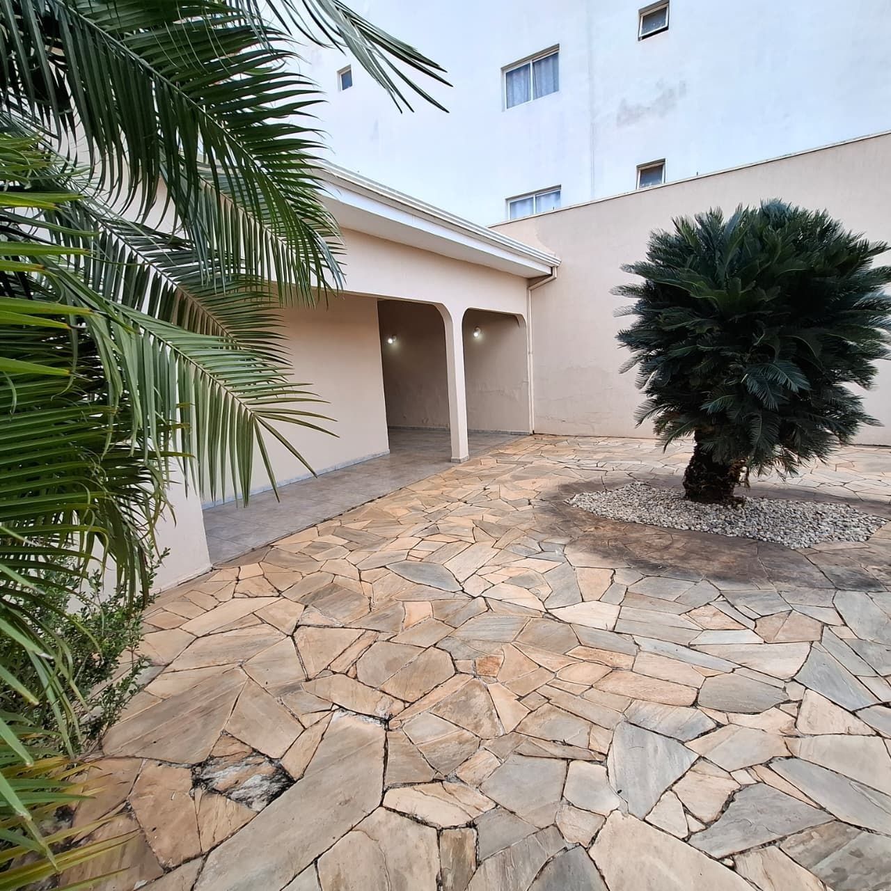 A courtyard with a stone floor, palm trees, and a building with a flat roof and multiple windows.