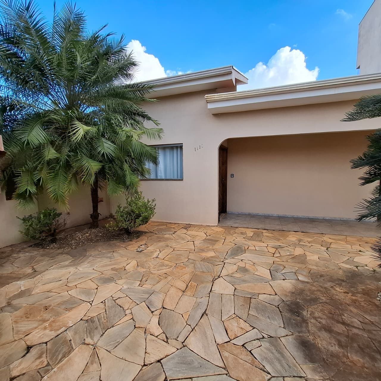 A building with a stone patio, a palm tree, and a window.