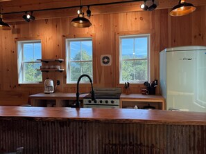 A wooden cabin kitchen with a central island, two windows, a refrigerator, and a stove. - The Carriage Barn: new build with expansive mountain views and walk to Dorset (Dorset)