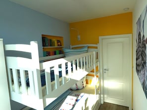 A child's bunk bed with a bookshelf above it, a door to the right, and a wall with a partial view of a painting. - Holiday Apartment With 3 Bedrooms (Sassnitz)