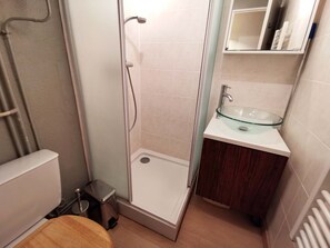 A bathroom with a glass sink, a shower, and a toilet. - Studio at the slopes - 4 guests (Les Adrets-Prapoutel)