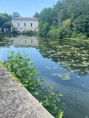 A calm river with lily pads, a stone building, and lush greenery. - The French Hideaway, Eymet, Pool, Parking & King or Twin Bed (eymet)