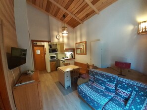 A compact living space with a kitchenette, a sofa, a television, and a mirror. - Studio with balcony mountain view - 4 guests (Valfréjus)