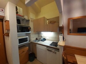 A compact kitchen with a microwave, sink, and dishwasher. - Studio with balcony mountain view - 4 guests (Valfréjus)