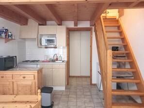A compact kitchen with a microwave, stove, and sink, wooden cabinets, and a small trash bin. - Duplex mountain view - 4 guests (Le Biot)