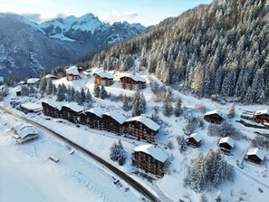A snow-covered mountain resort with multiple chalet-style lodges, a ski slope, and a forested backdrop. - Duplex mountain view - 4 guests (Le Biot)