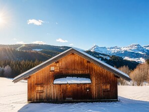 Uma cabana de madeira com telhado coberto de neve, com montanhas nevadas e céu claro ao fundo.