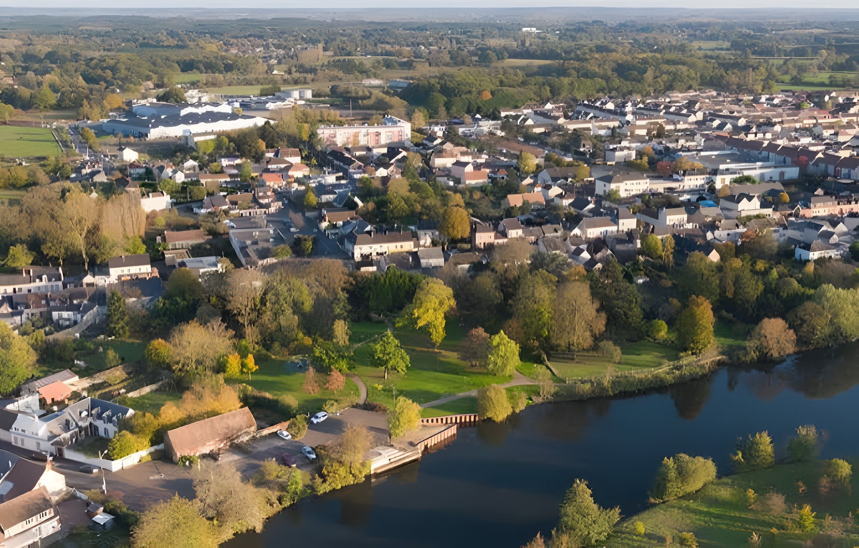 Eine Vogelperspektive eines Wohngebiets mit Häusern, einem Fluss und einer Brücke.