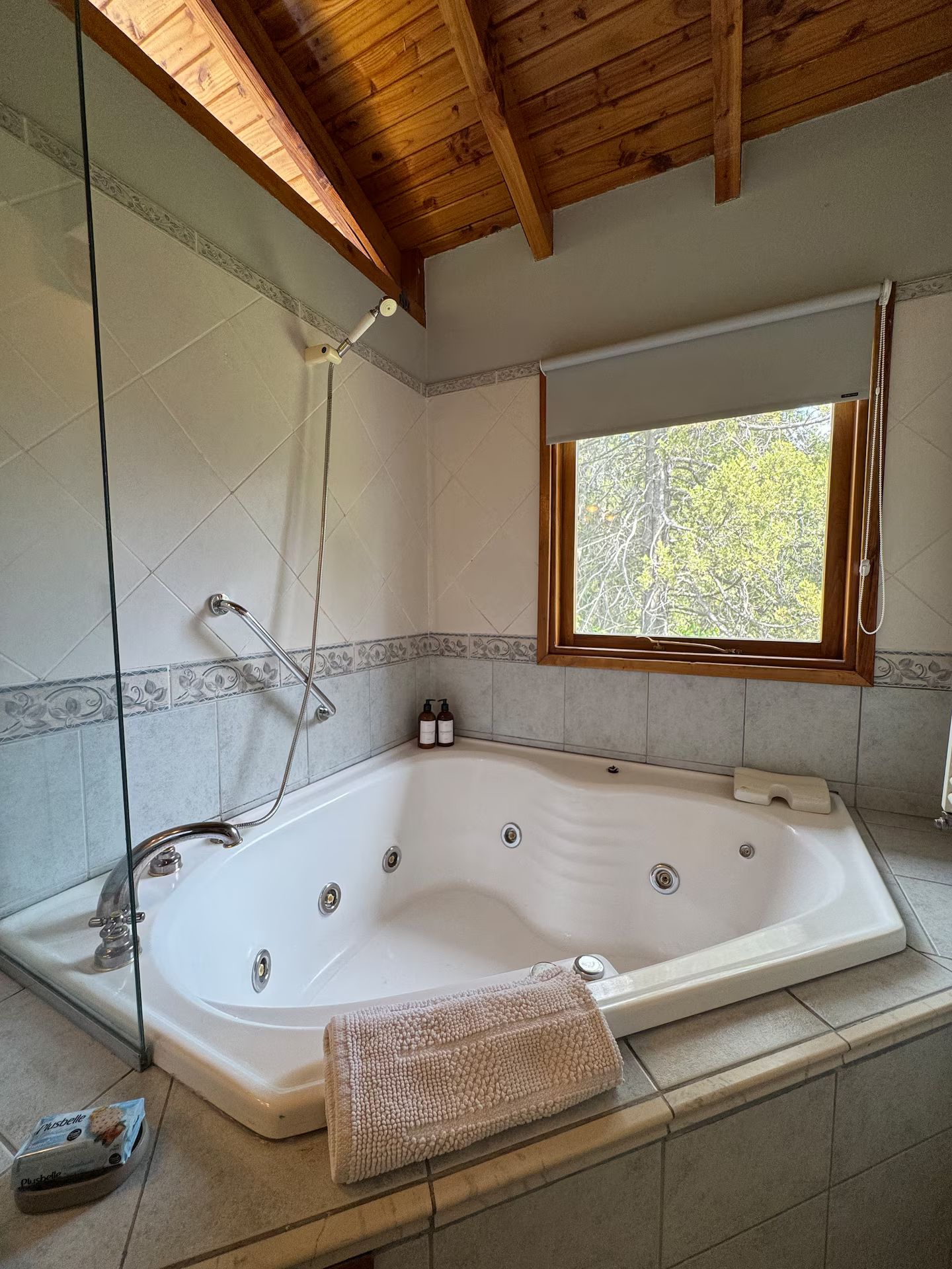 Ein Badezimmer mit einer freistehenden Badewanne, einer Dusche und einem Fenster mit Blick auf Bäume.