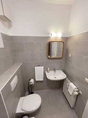 Et badeværelse med toilet, vask og spejl.