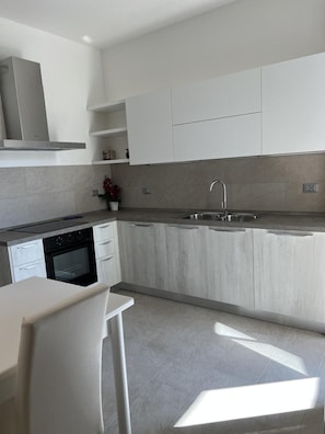 A modern kitchen with a built-in oven, a sink, and white cabinetry. - Apartment 'Il Timone' with Wi-Fi and Air Conditioning (Toscolano Maderno)