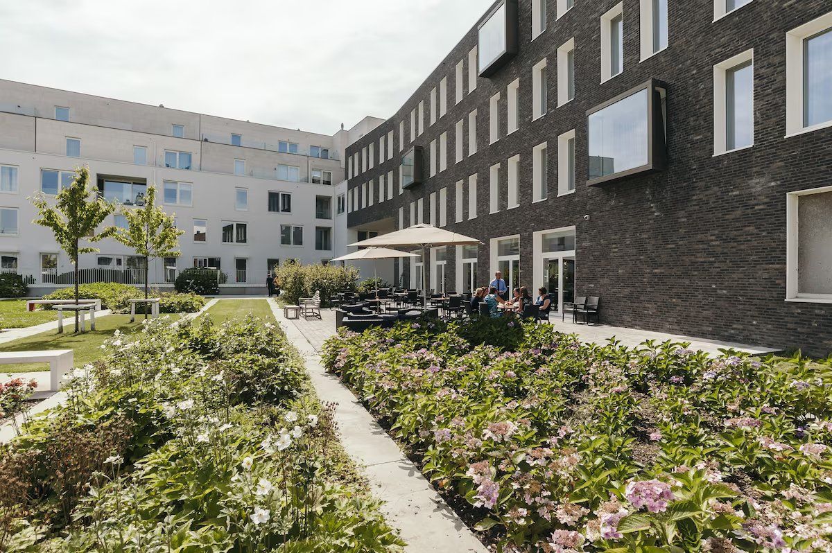 A courtyard with outdoor seating, a garden with hydrangeas, and a modern building with large windows.