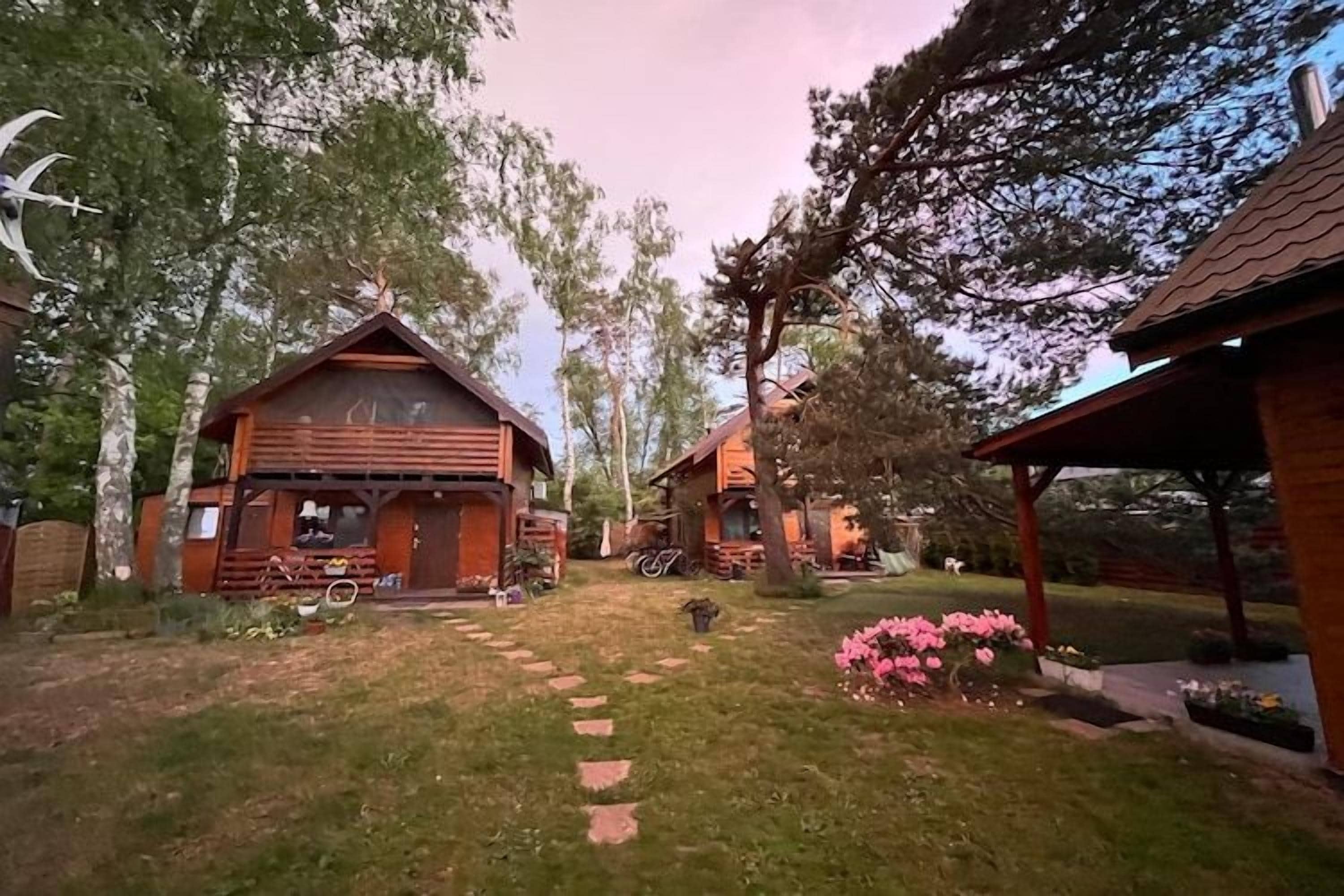 Una cabaña de madera con un porche, rodeada de árboles y un patio cubierto de césped.