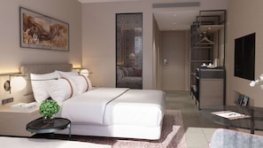 Une chambre d’hôtel moderne dotée d’un grand lit, de tables de chevet, d’un bureau, d’une chaise, d’une télévision et d’un panneau décoratif mural.