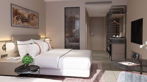 A modern hotel room with a large bed, bedside tables, a desk, a chair, a TV, and a decorative wall panel. - Crown Plaza Resort Petra (Wadi Musa)