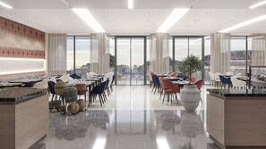 A modern dining area with a city view, large windows, and a variety of seating arrangements. - Crown Plaza Resort Petra (Wadi Musa)