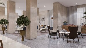 A modern lobby with high ceilings, large columns, and a mix of seating arrangements including sofas and chairs. - Crown Plaza Resort Petra (Wadi Musa)