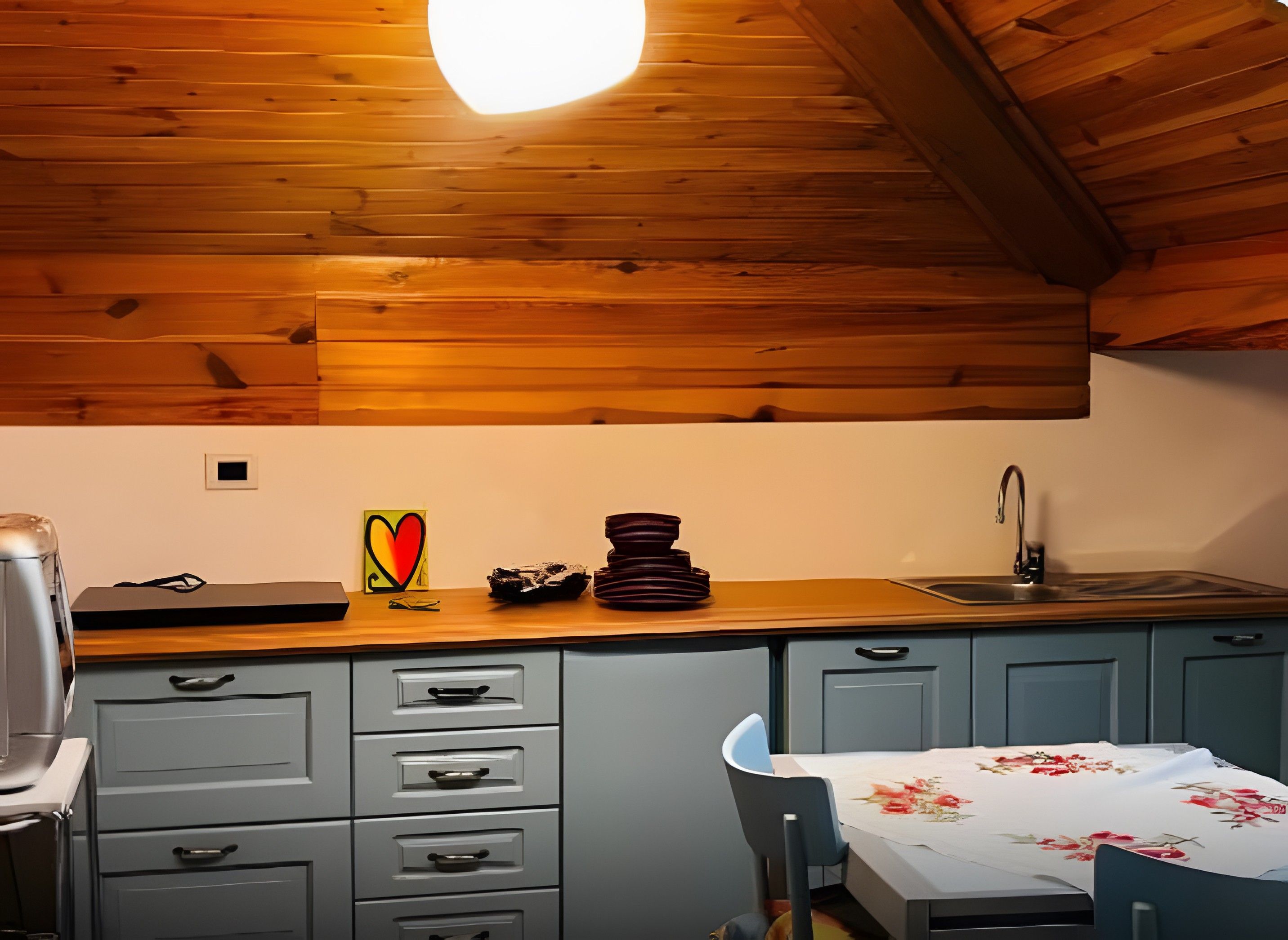 Une cuisine avec des poutres apparentes en bois au plafond, un évier et une table recouverte d’une nappe à motifs floraux.