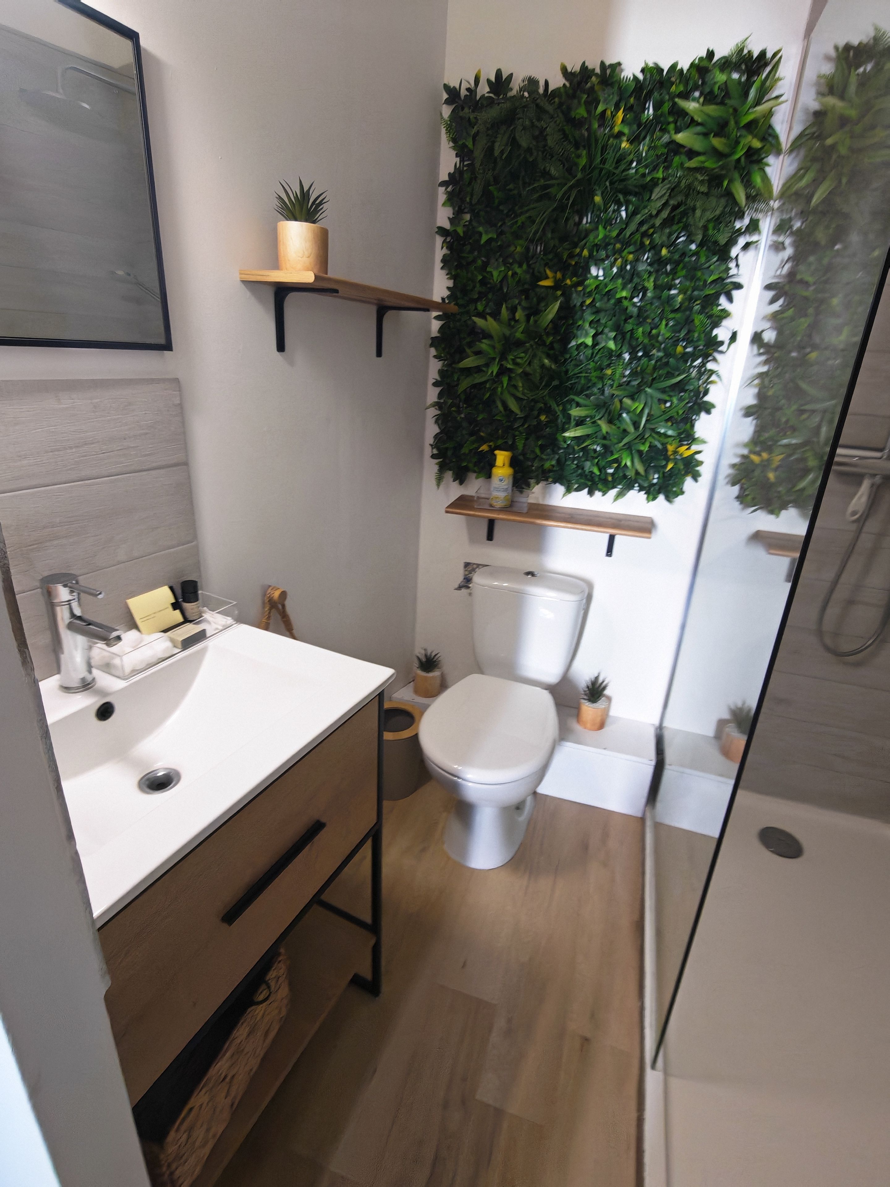 Une salle de bain moderne avec un lavabo blanc, des toilettes et un espace douche. On y trouve des étagères avec des plantes et des articles de toilette.