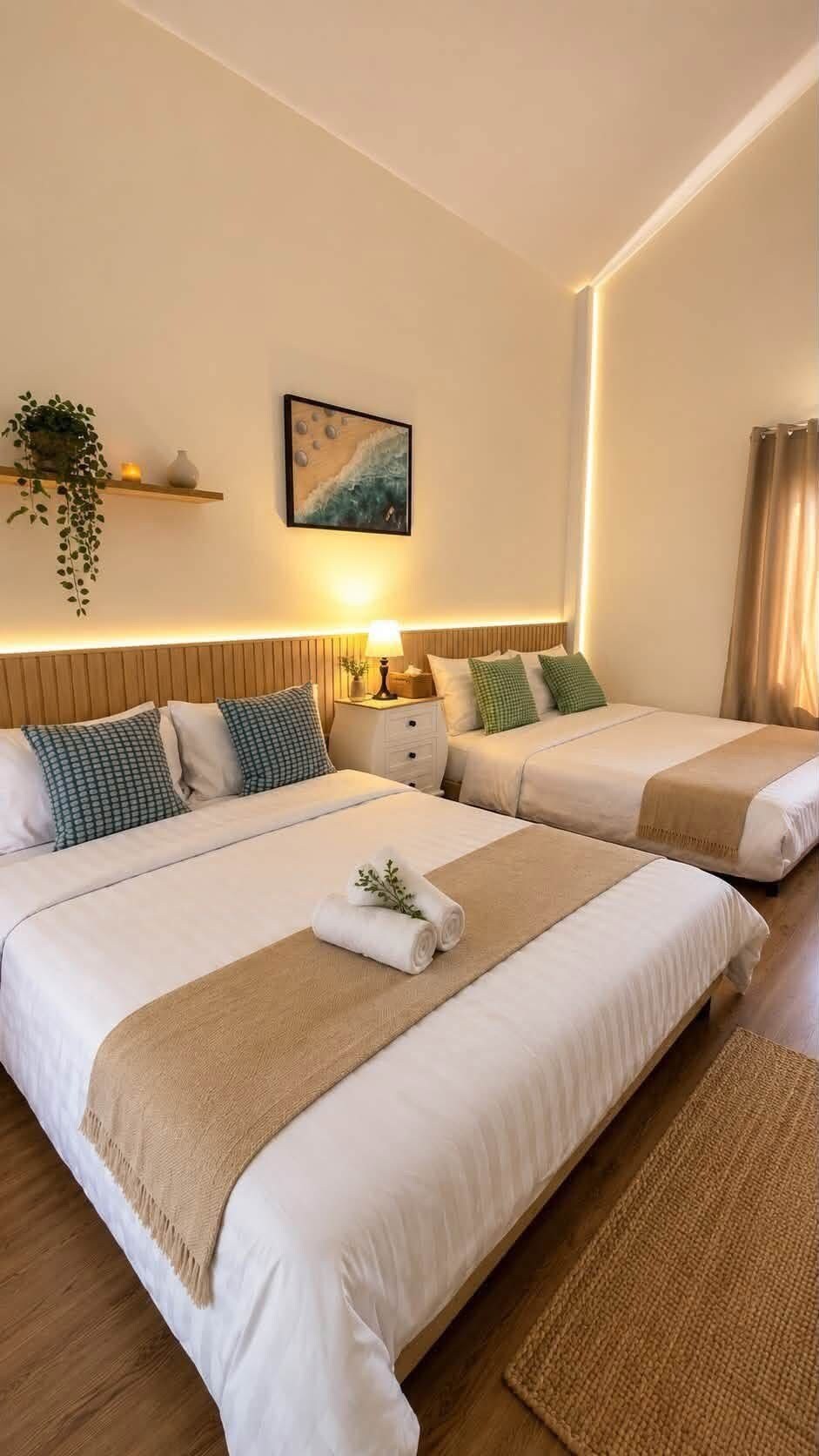 A hotel room with two beds, a bedside table with a lamp, a wall-mounted shelf with a plant, and a painting.