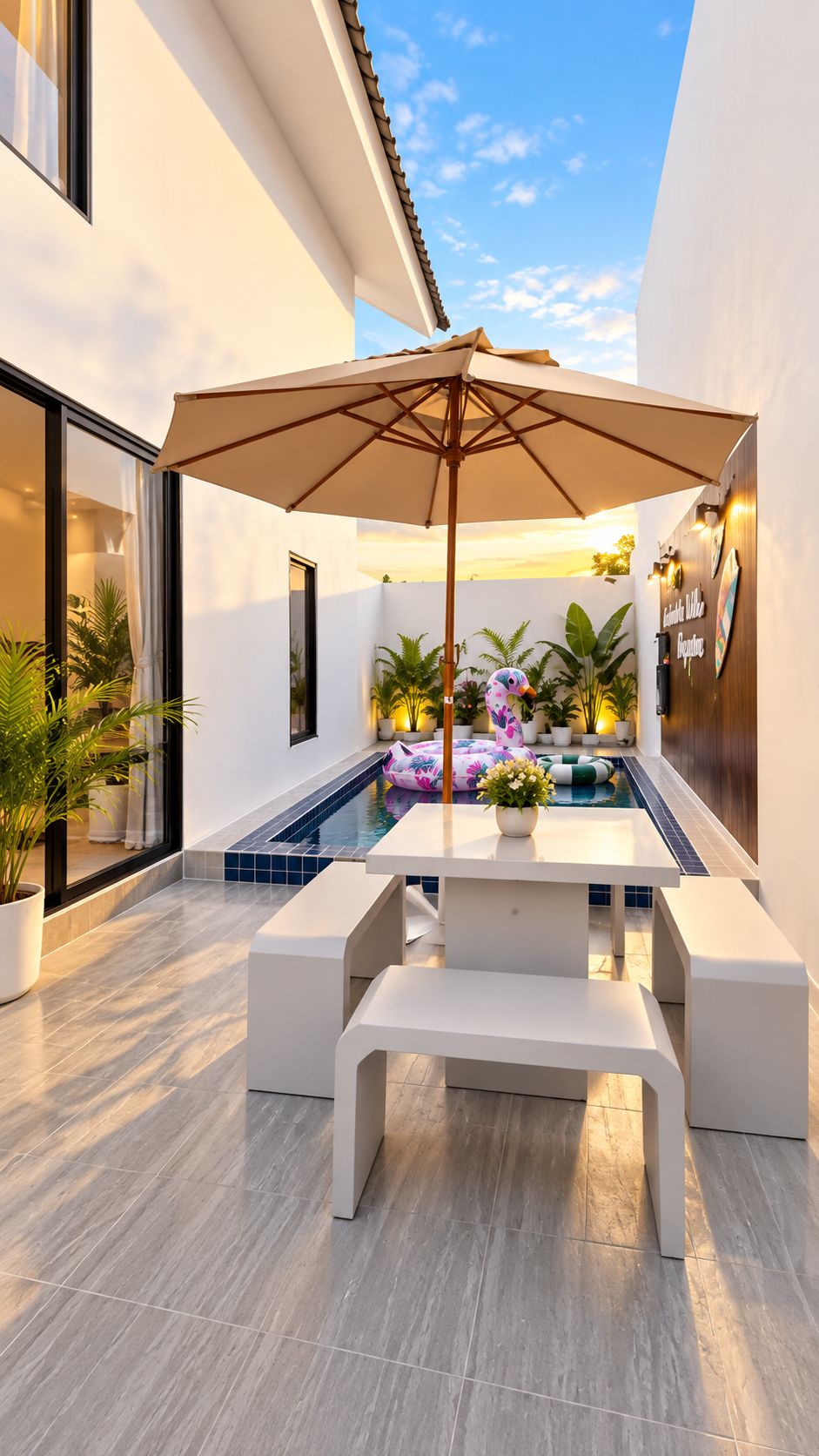 Zona de piscina exterior moderna con una mesa y bancos, rodeada de plantas en macetas y una estatua decorativa de flamenco.