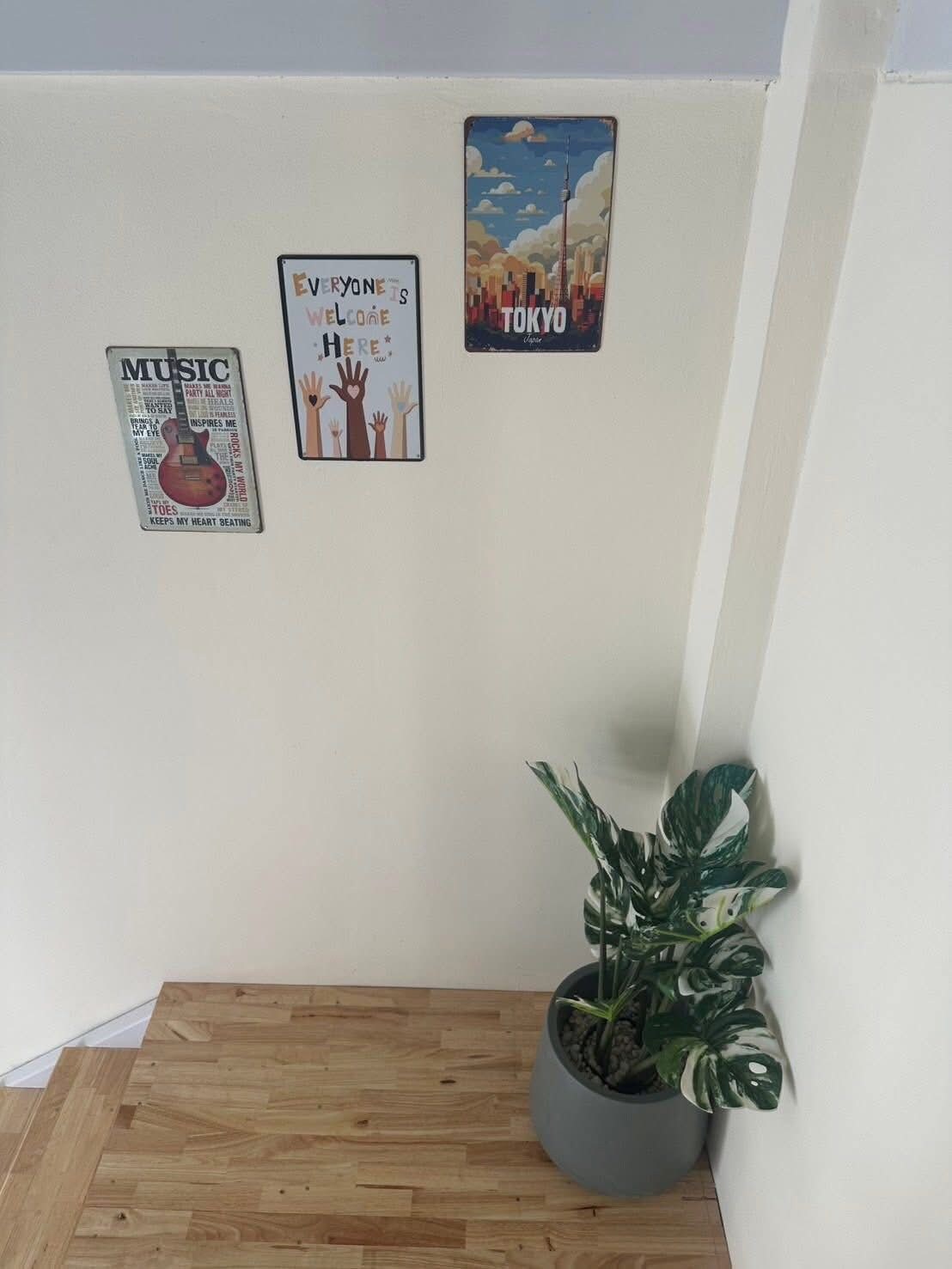 A corner wall with three posters, a potted plant, and a wooden floor.