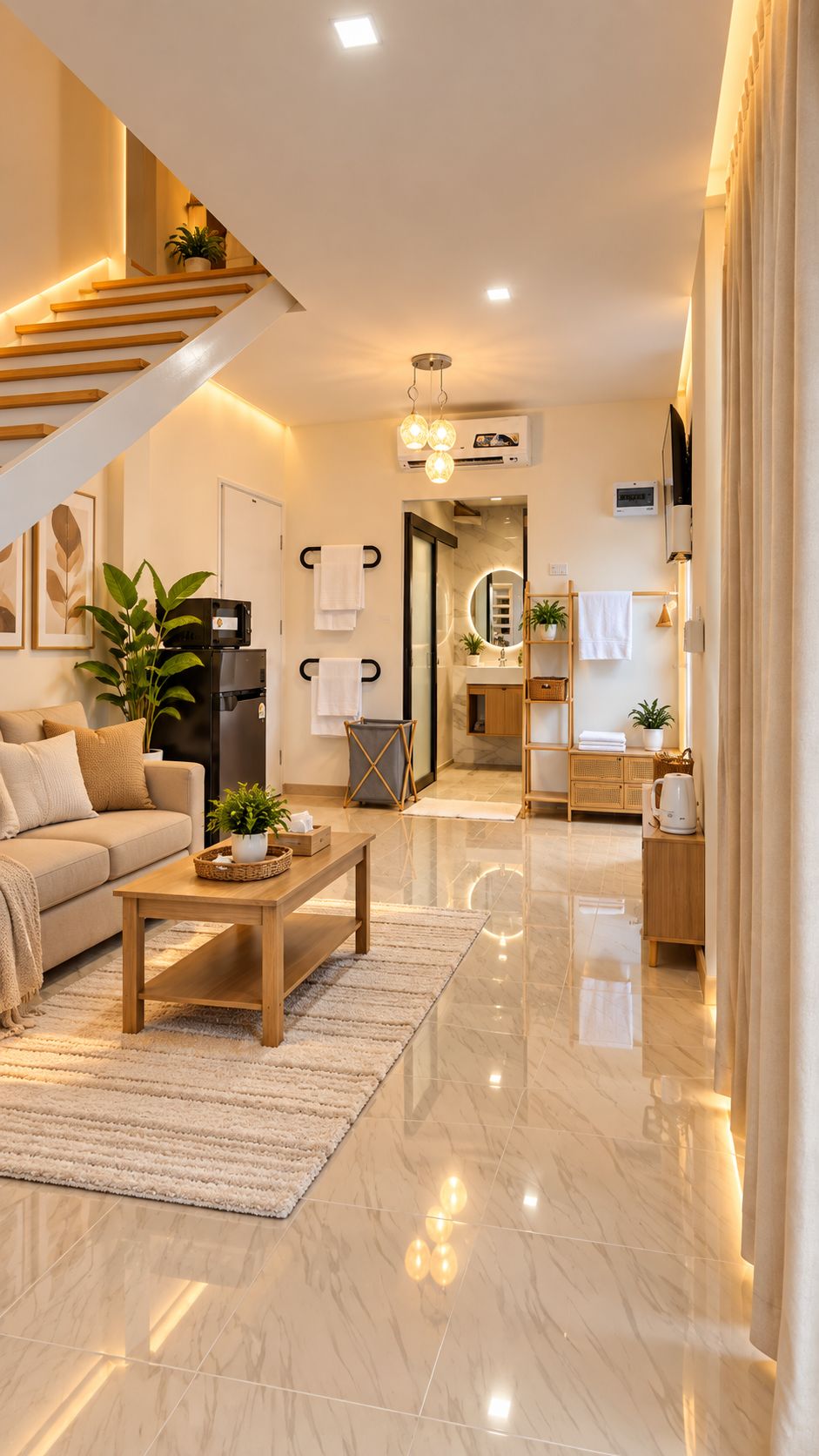 Ein modernes Wohnzimmer mit Treppe, einer Couch, einem Couchtisch und einer Küchenzeile mit Spüle und Spiegel.