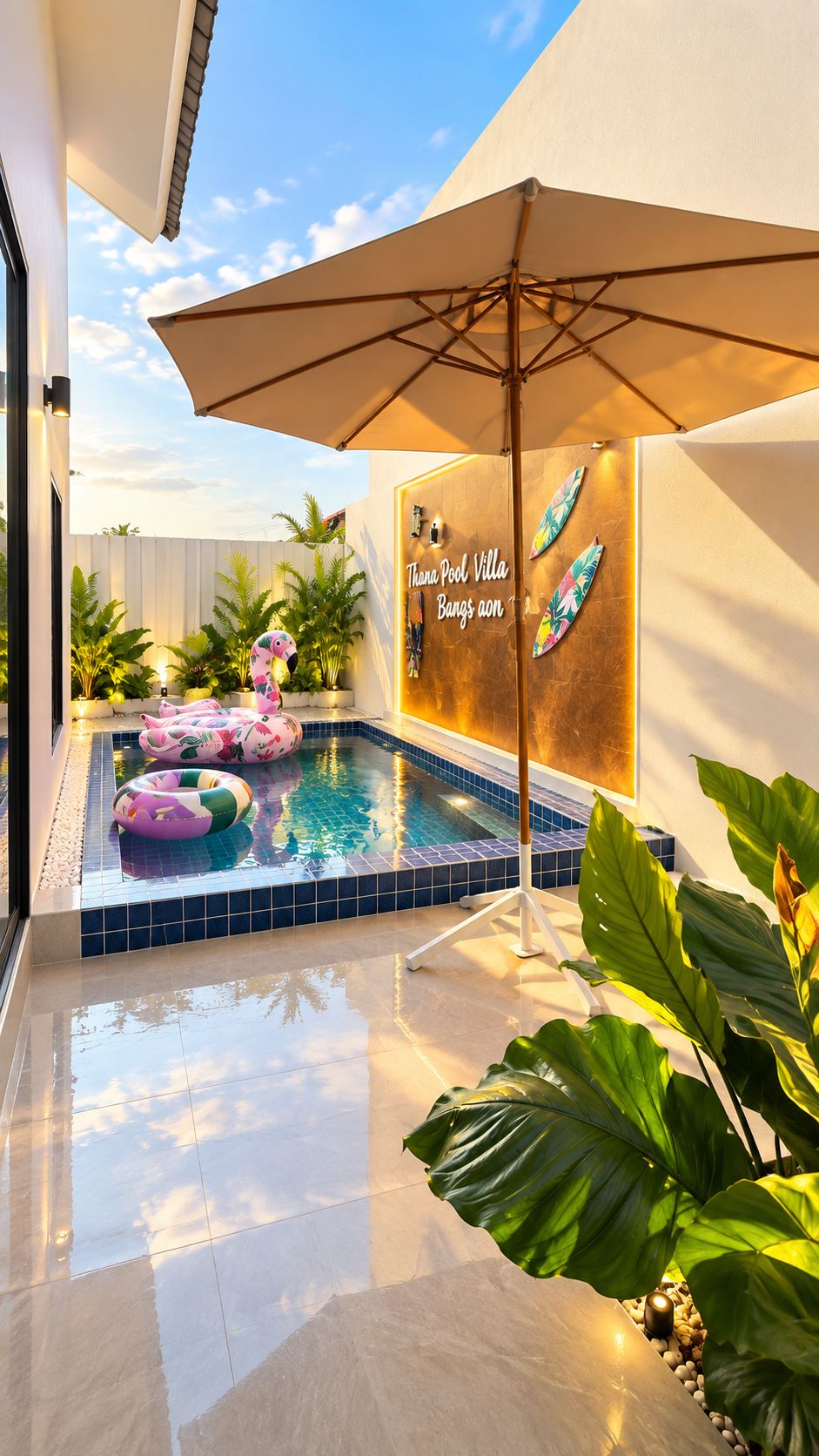 A swimming pool area with a wall-mounted sign, a large umbrella, and inflatable rings.
