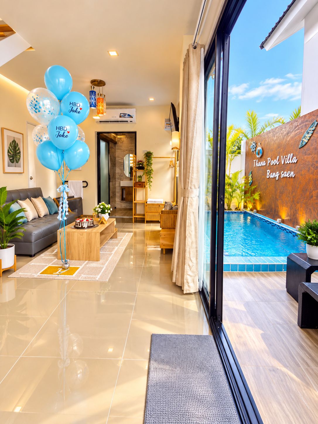 A modern living room with a pool view, a sofa, a coffee table, and balloons.