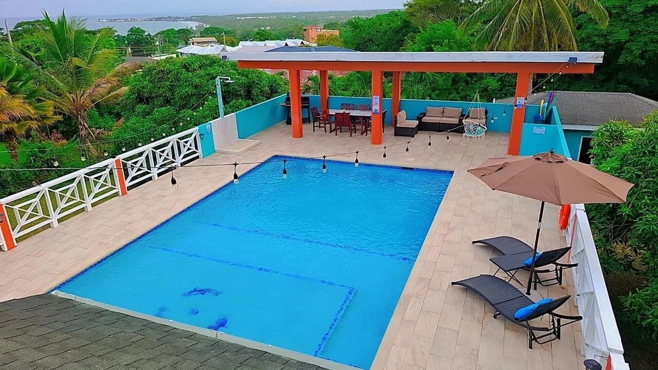 A rooftop swimming pool with a covered seating area, surrounded by greenery and a view of the city.