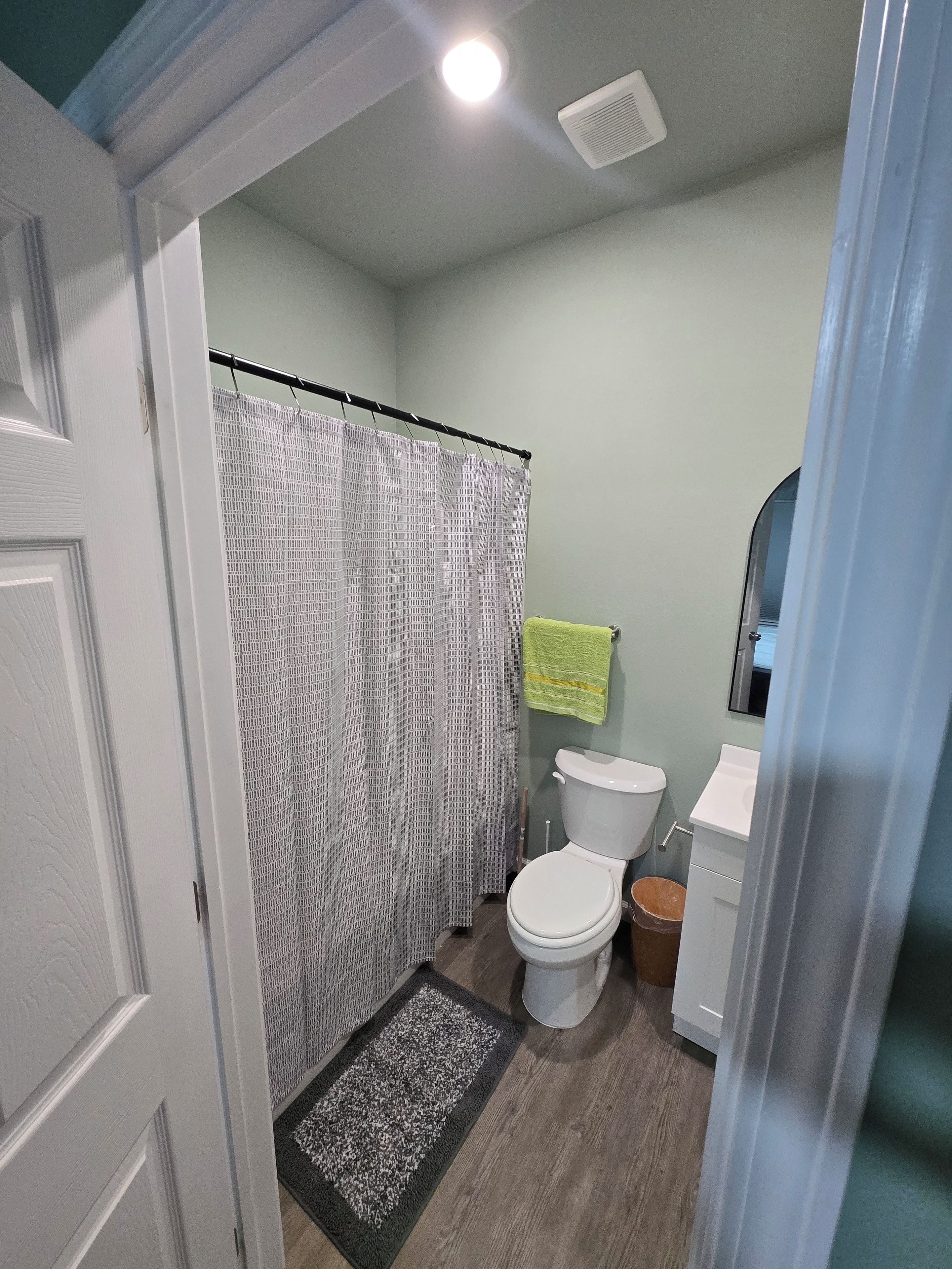 Een badkamer met douchegordijn, toilet, wastafel en een klein vloerkleed.