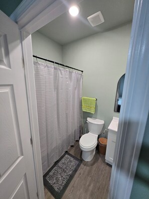 A bathroom with a shower curtain, toilet, sink, and a small rug.