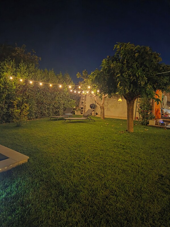 Ein Garten mit Rasen, einem Baum und Lichterketten.
