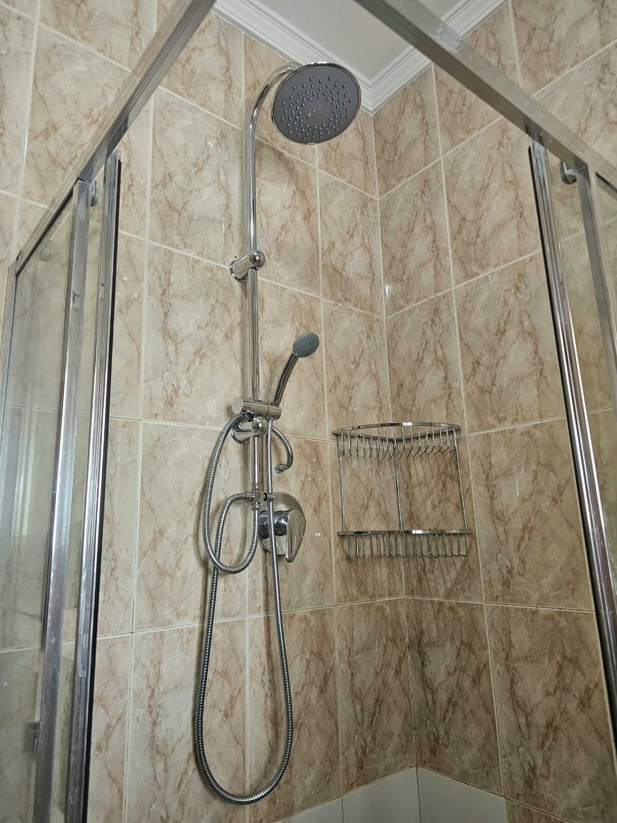 Aseo con ducha empotrada, cabezal de ducha de mano y tipo lluvia, puerta de vidrio y toallero metálico.