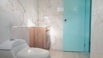 A bathroom with a toilet, sink, and a blue door.