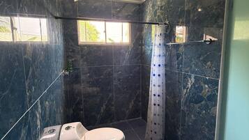 Un baño con inodoro, ducha y ventana.