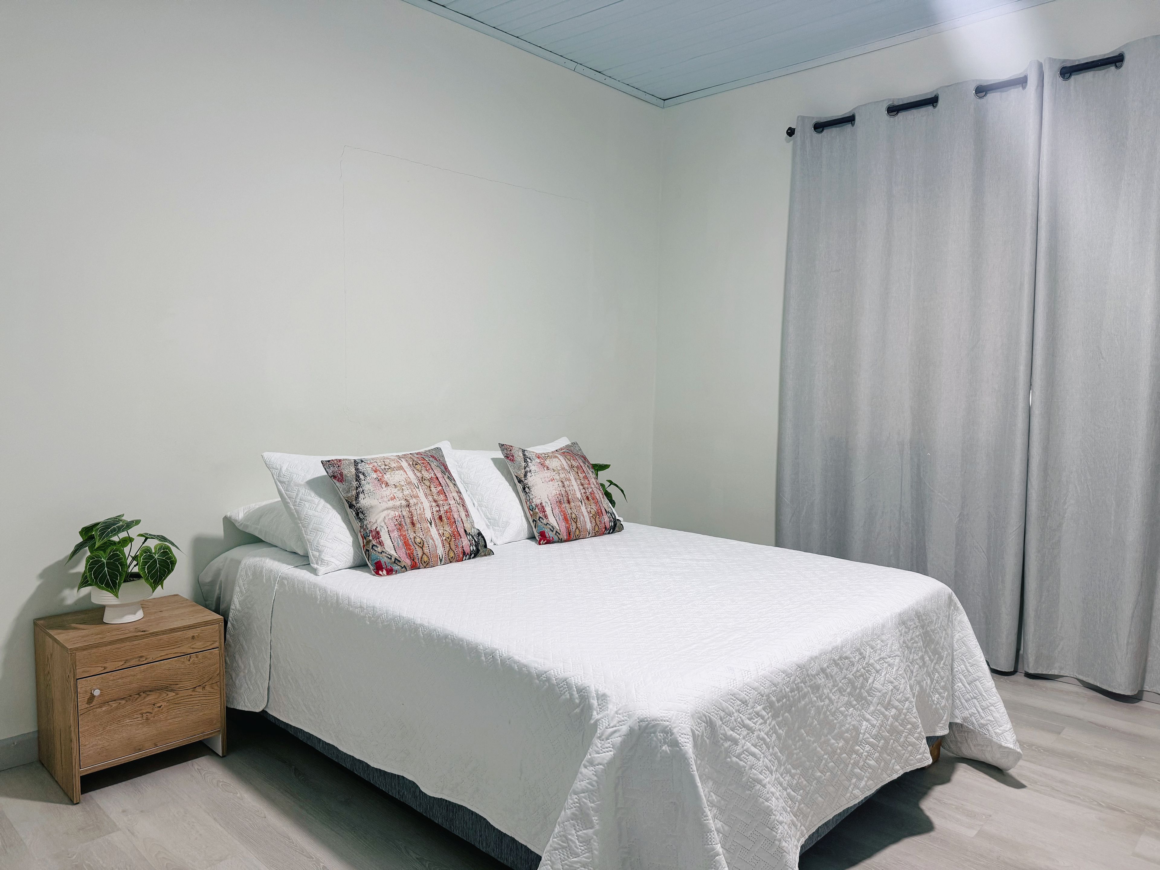 Une chambre à coucher avec un lit, une table de chevet, une plante en pot et une fenêtre avec des rideaux.
