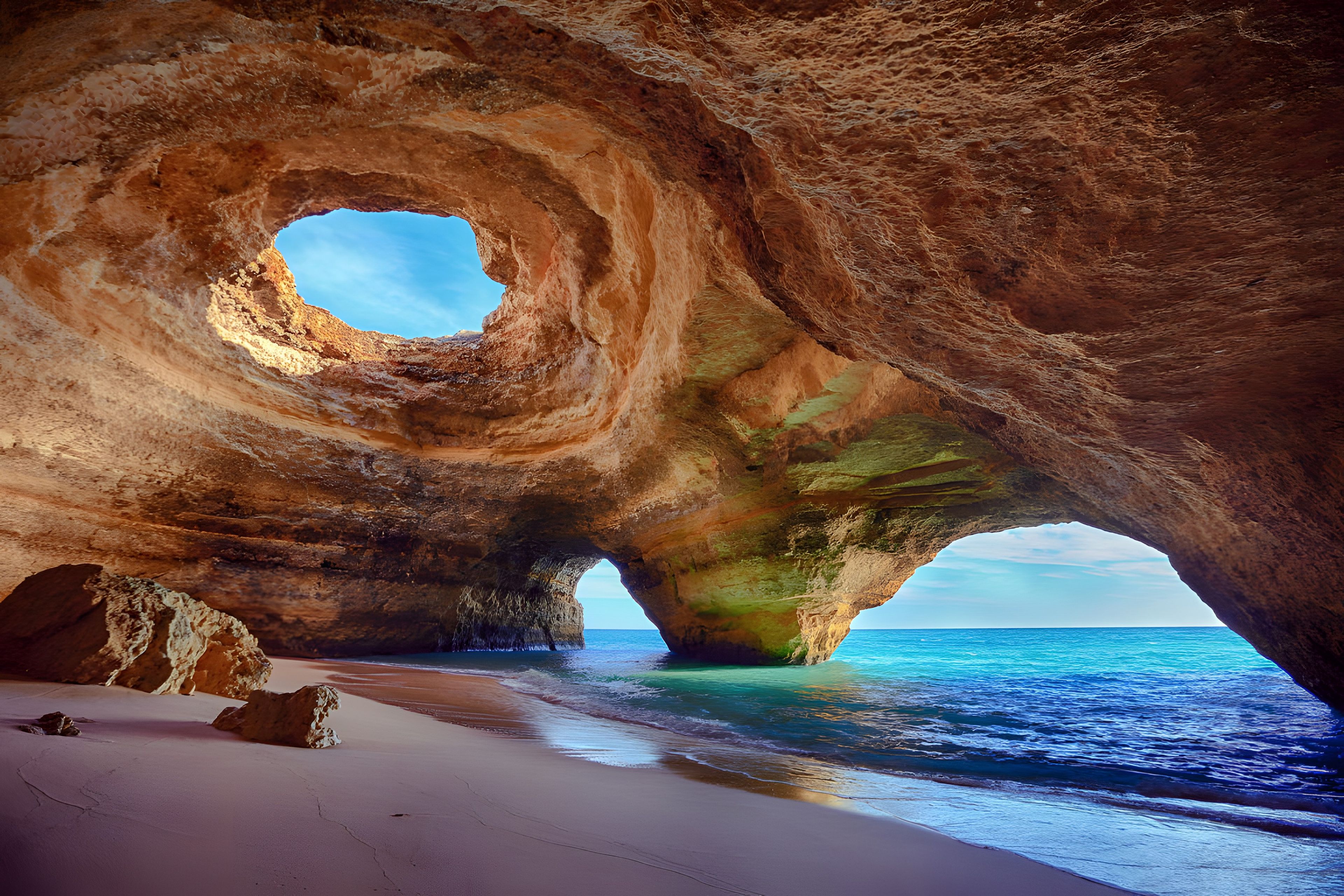 Formación rocosa natural con una abertura circular, una playa de arena y el mar.